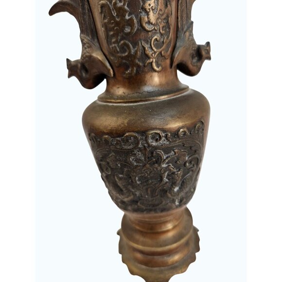 Antique Bronze Vase 19th Century Chinese Peacock Handled Altar Vases 9.5 Tall - Picture 7 of 12